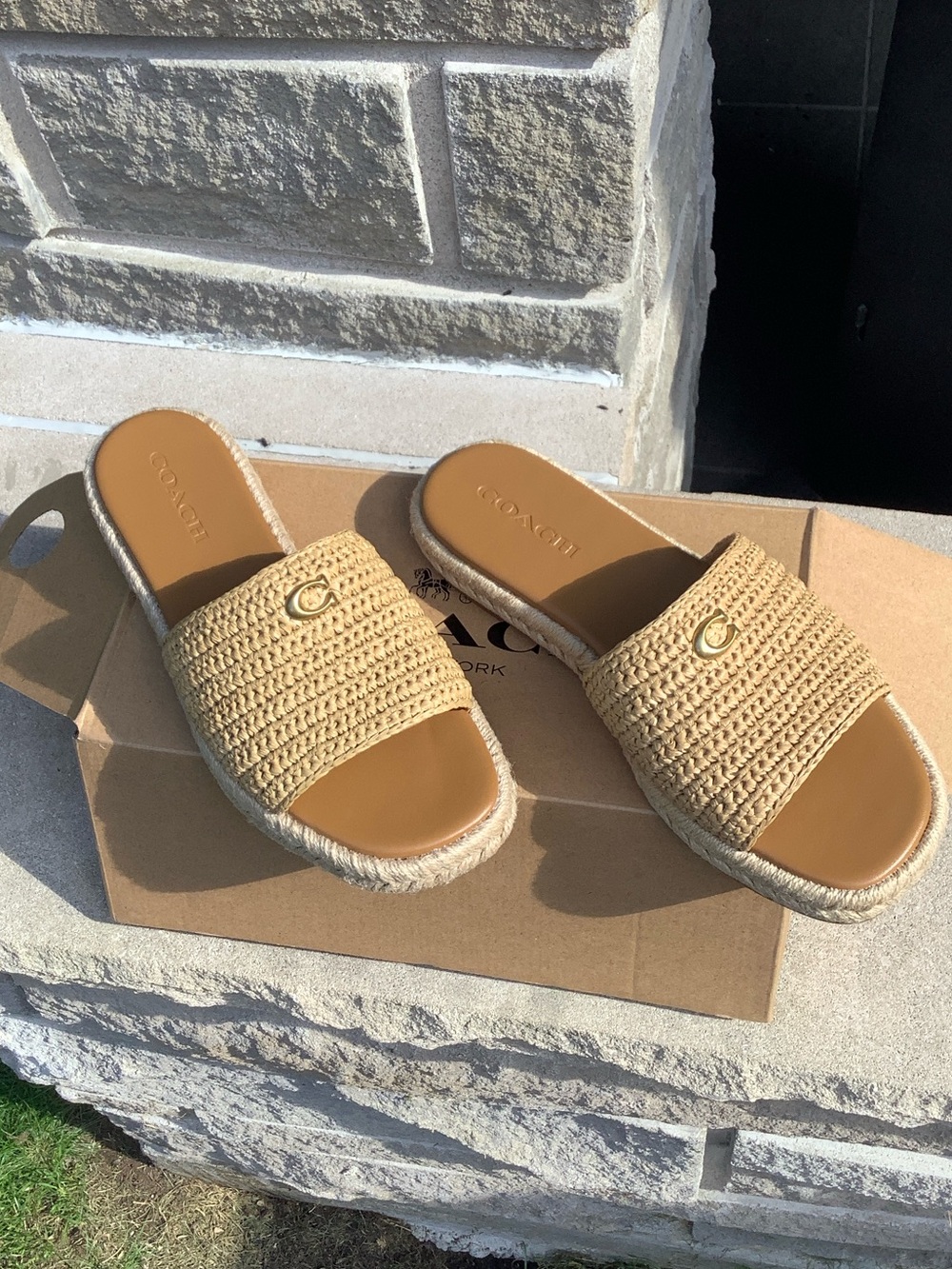 Coach Tan Raffia Slide Mules with Gold 'C' Hardware